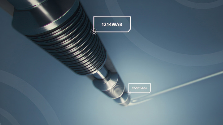 Digital rendering of Welltec Annular Barrier (WAB) labeled 1214WAB and 9 5/8" shoe for zonal isolation.