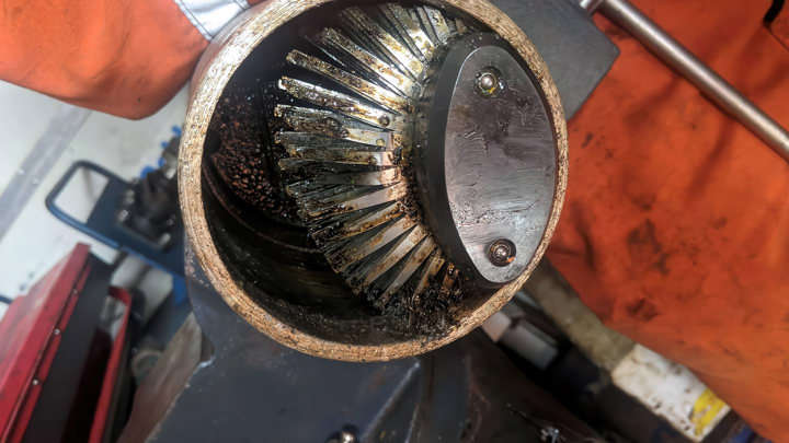 Close-up of a milled gate valve component after a complex Well Miller CVF operation from an RLWI vessel offshore.