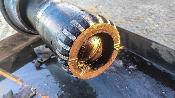Close-up of a Well Miller tool after milling eight balls and baffle seats efficiently in a single run, completed in under 24 hours.