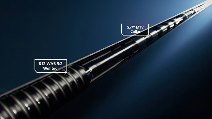 Illustration of an 812 WAB 5:2 by Welltec with a 5x7” MTV collar, used for zonal isolation in wellbore applications