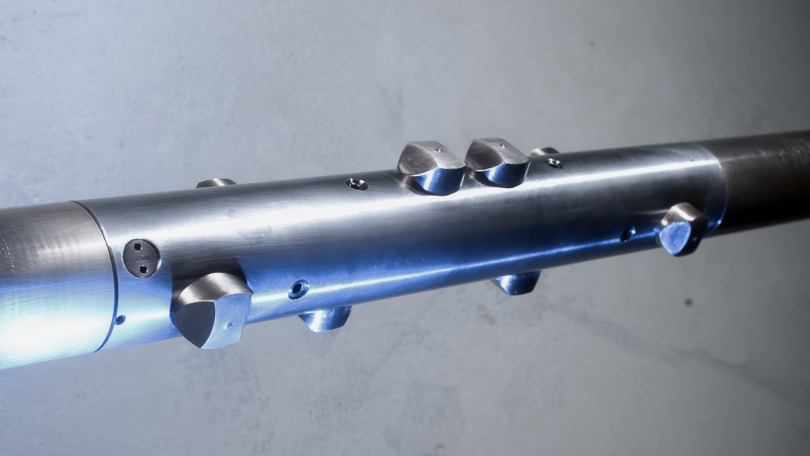 Close-up of a toolstring designed for open hole pressure measurement and fluid sampling during well intervention operations.