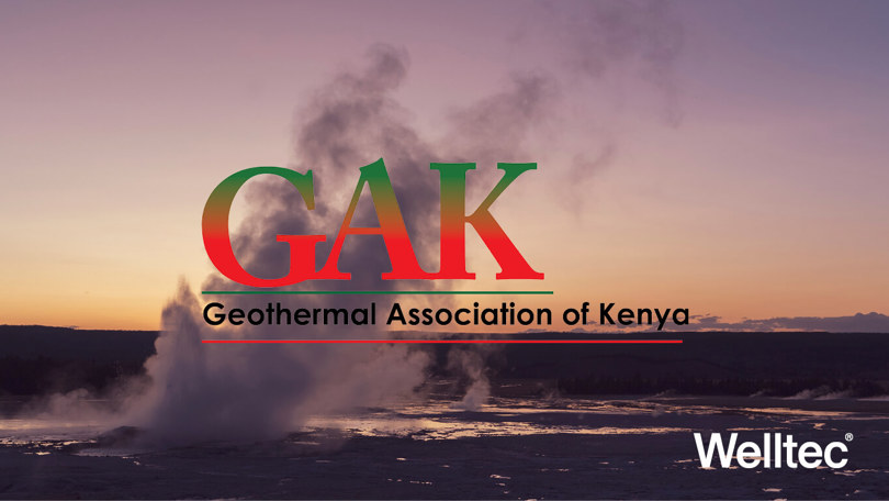 Logo of the Geothermal Association of Kenya overlaid on a geothermal steam landscape with the Welltec logo in the bottom right corner.