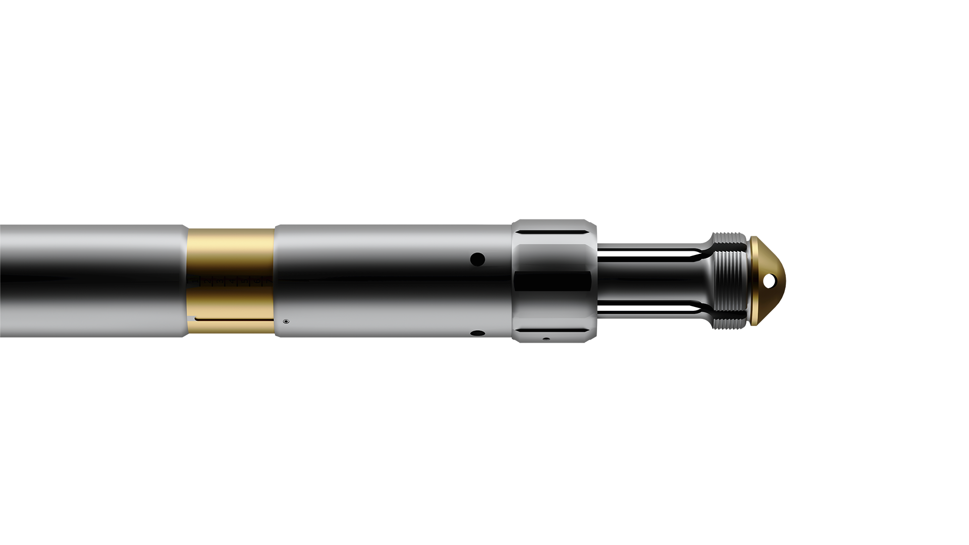 Close-up of a Welltec Wellgrab tool, highlighting its metallic body and distinctive gold-colored tip.
