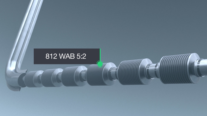  3D rendering of a Welltec tool with labeled 812 WAB components, showing a precision-engineered design for zonal isolation in well completions.