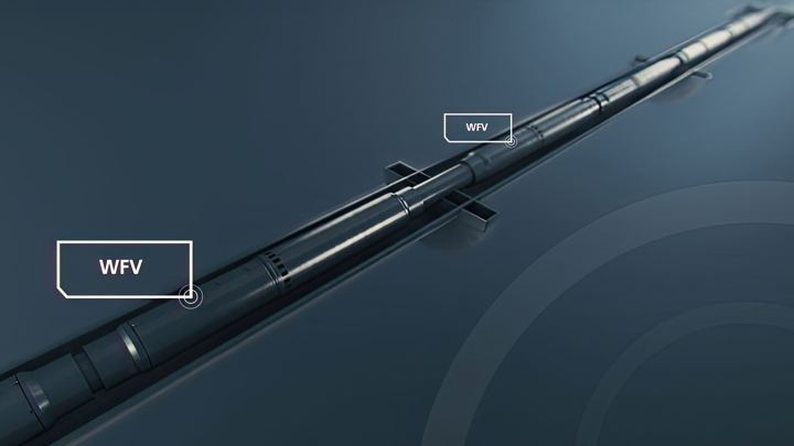 Two Welltec Flow Valves (WFVs) shown in a horizontal wellbore, enabling selective injection and enhancing waterflooding control.